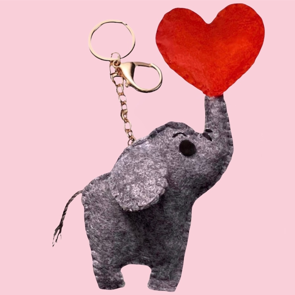 New Felt Elephant Keychain with Red Heart